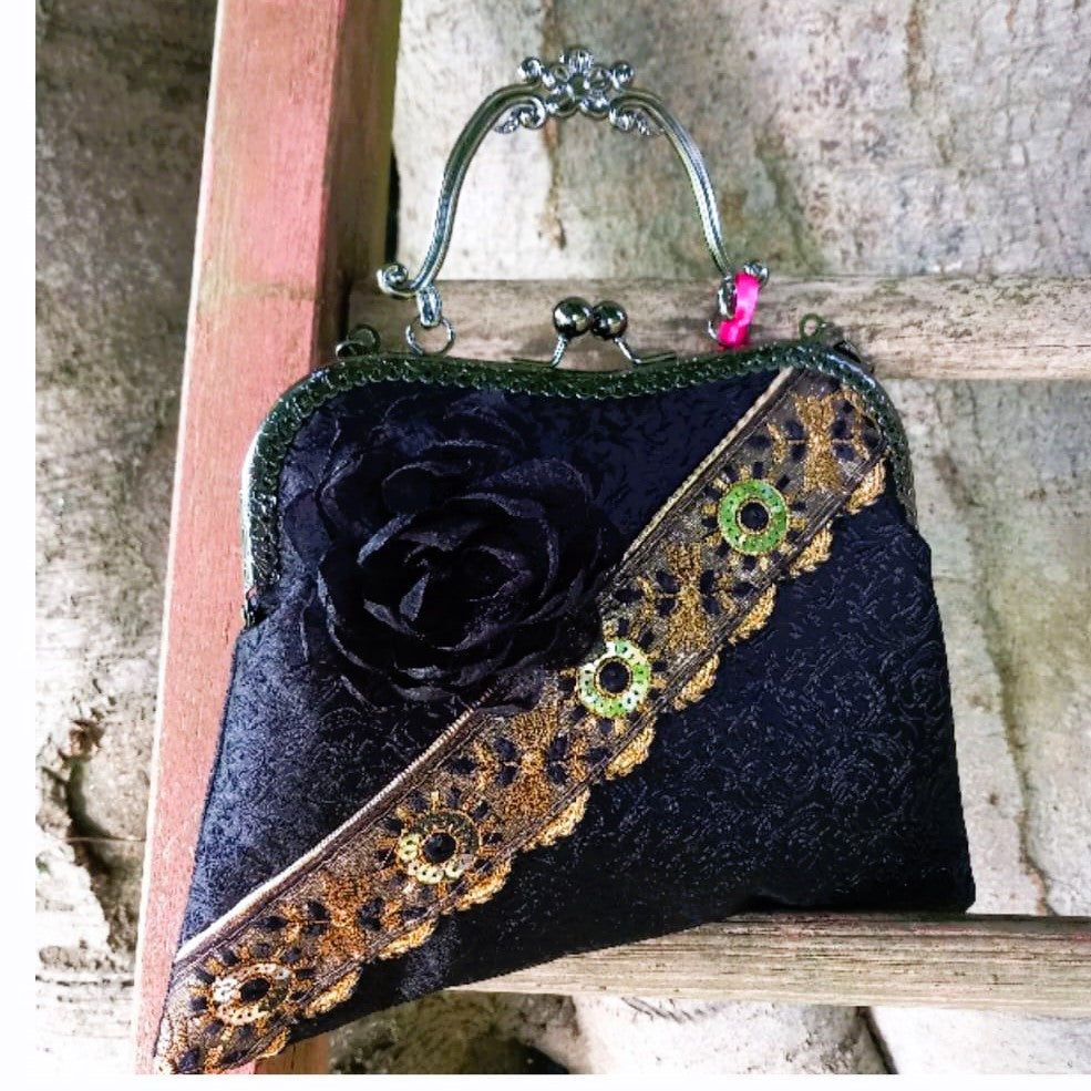 &#39;Black Corsage Gold Trimmed&#39; Vintage style handbag