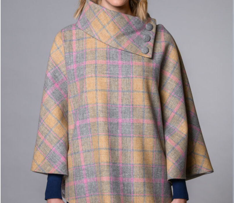 Wool Poncho - Pink / Peach / Grey Check