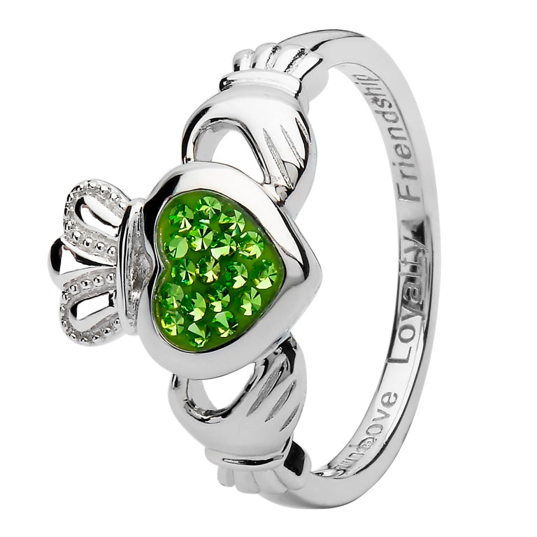 Sterling Silver Claddagh Ring with Peridot Swarovski® Crystals