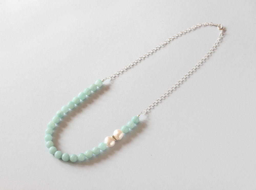 Amazonite and Pearl Necklace (Silver with Chain)