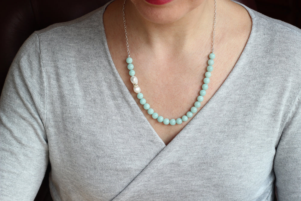 Amazonite and Pearl Necklace (Silver with Chain)