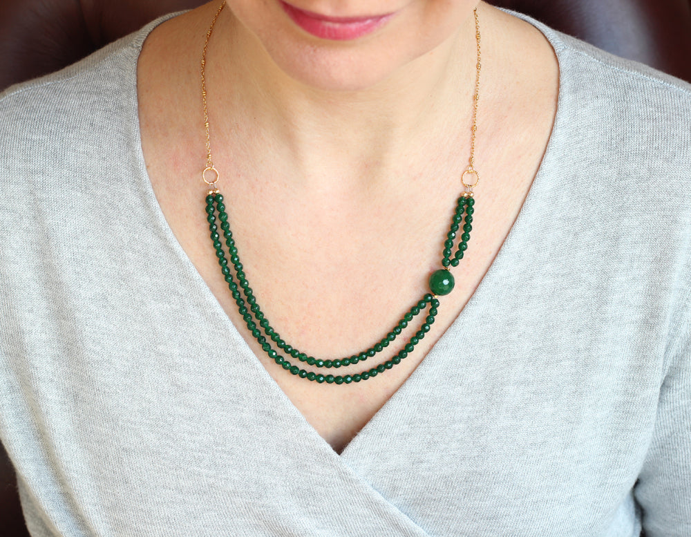Green Agate Double Necklace (Gold with Chain)