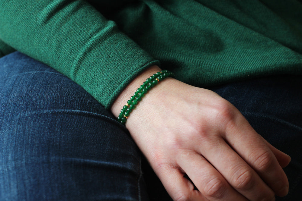 Green Agate Double Wrap Bracelet (Gold)