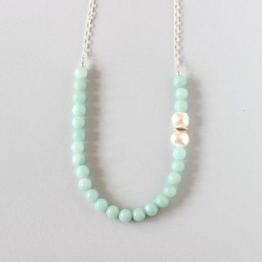 Amazonite and Pearl Necklace (Silver with Chain)
