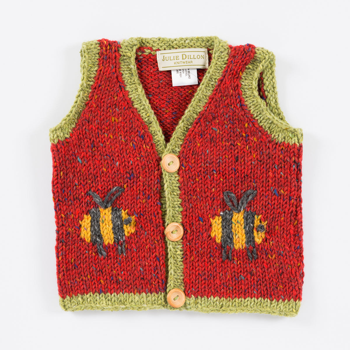 Handknitted Baby Waistcoat - Red with Bumble Bee motif