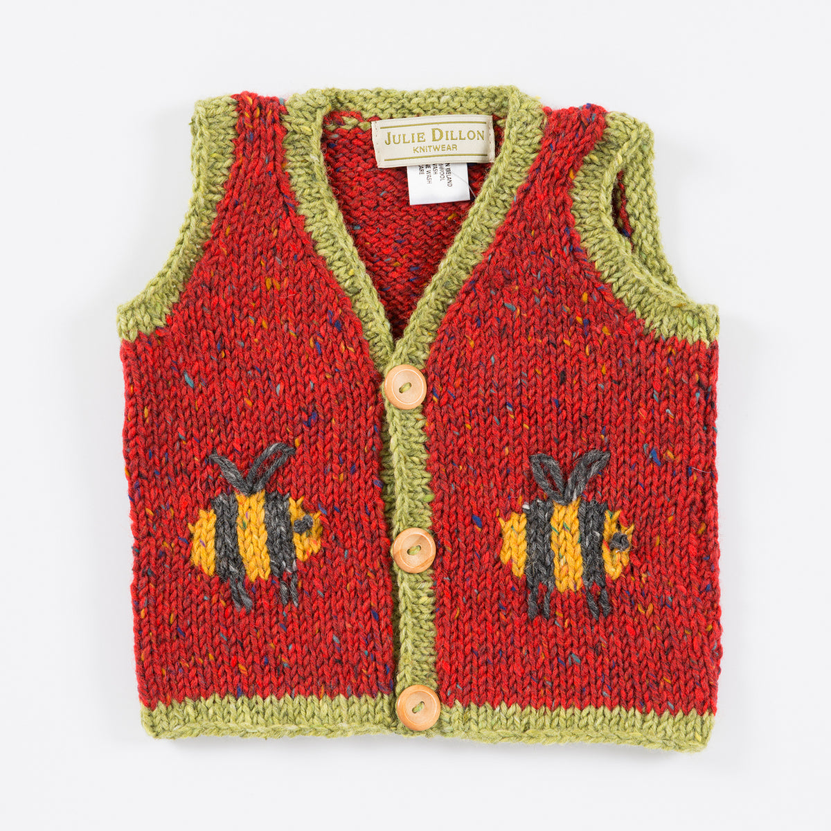Handknitted Baby Waistcoat - Red with Bumble Bee motif