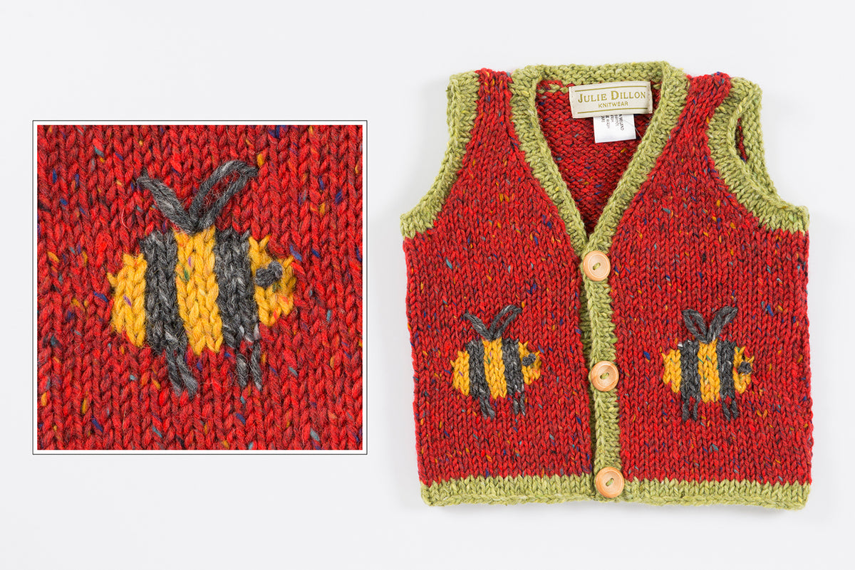 Handknitted Baby Waistcoat - Red with Bumble Bee motif