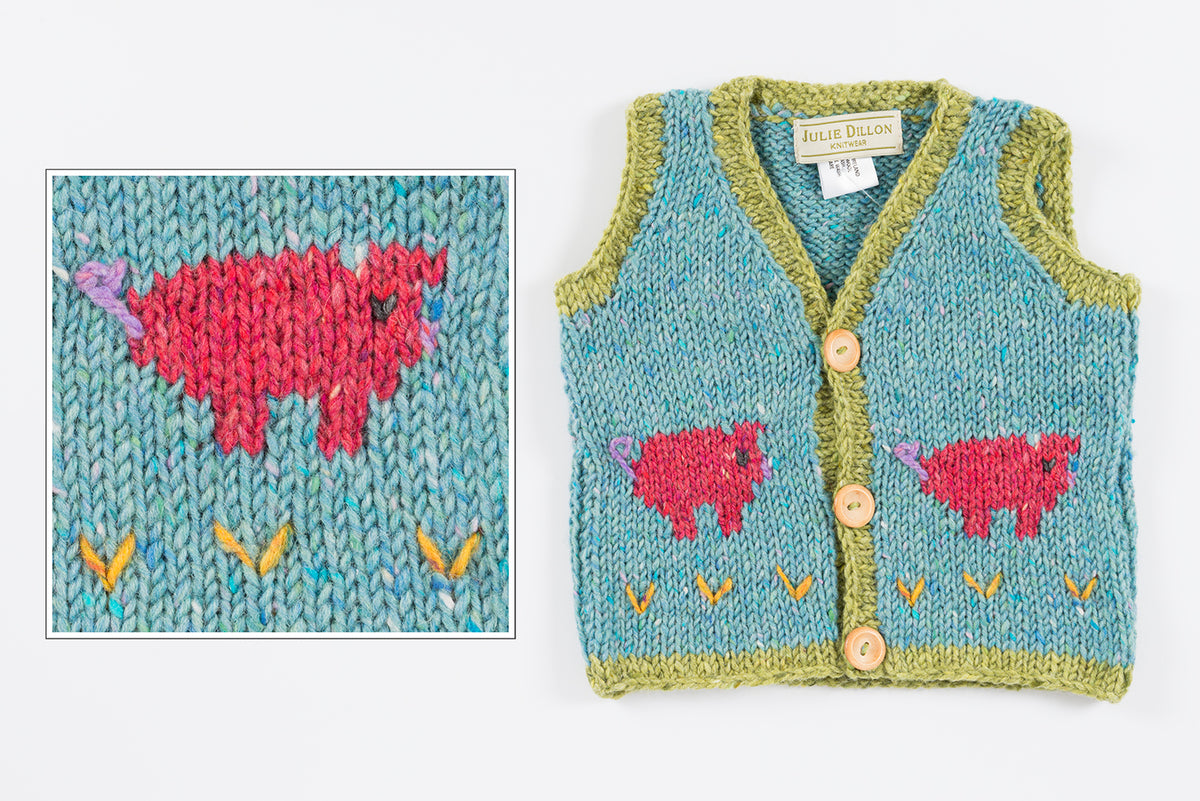 Handknitted Baby Waistcoat - Sea Blue with Pig motif