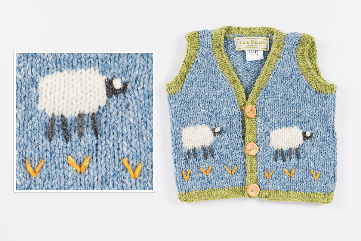 Handknitted Baby Waistcoat - Blue with Sheep motif
