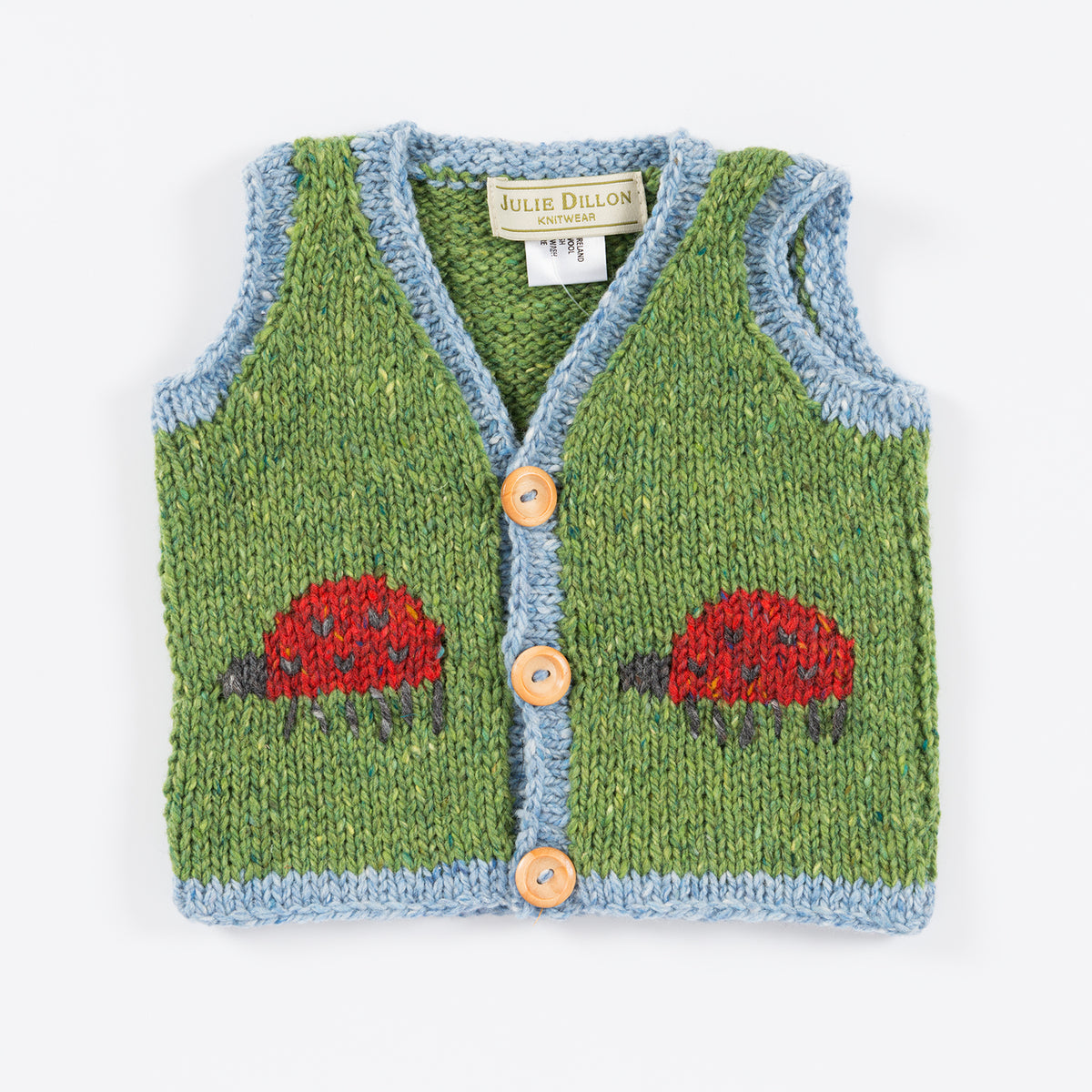 Handknitted Baby Waistcoat - Green with Ladybird motif