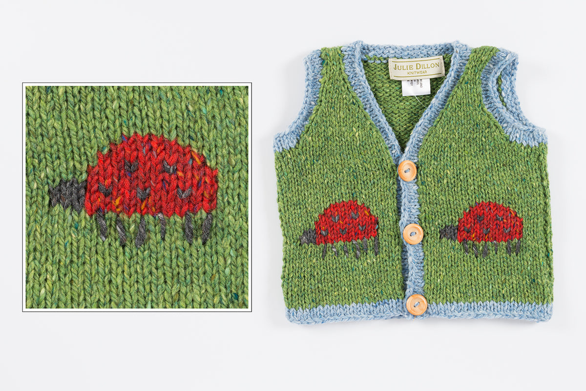 Handknitted Baby Waistcoat - Green with Ladybird motif