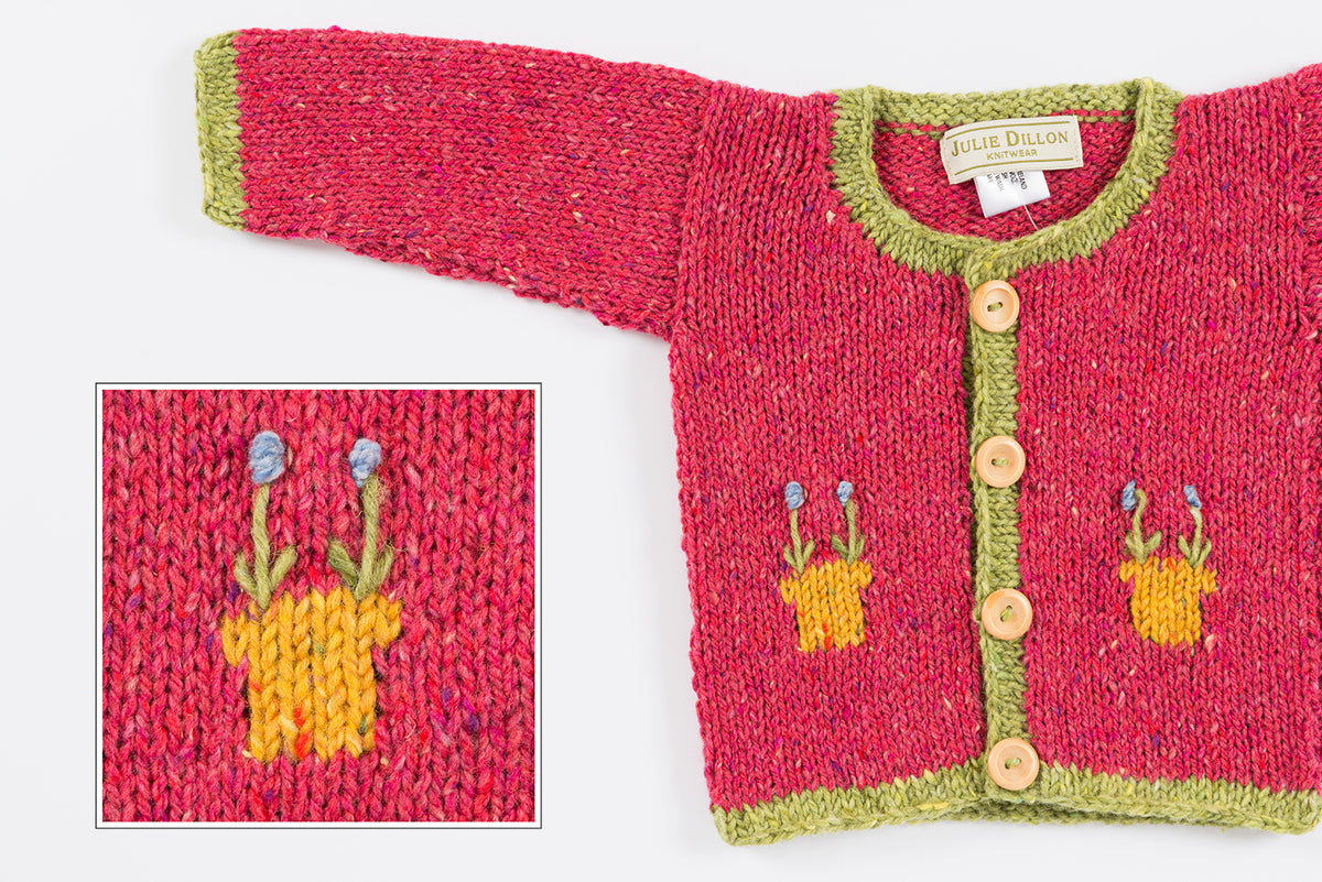 Handknitted Baby Cardigan - Turquoise with Flowerpot motif