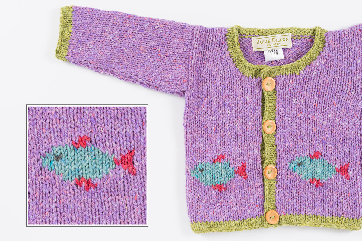 Handknitted Baby Cardigan - Lilac with Fish motif