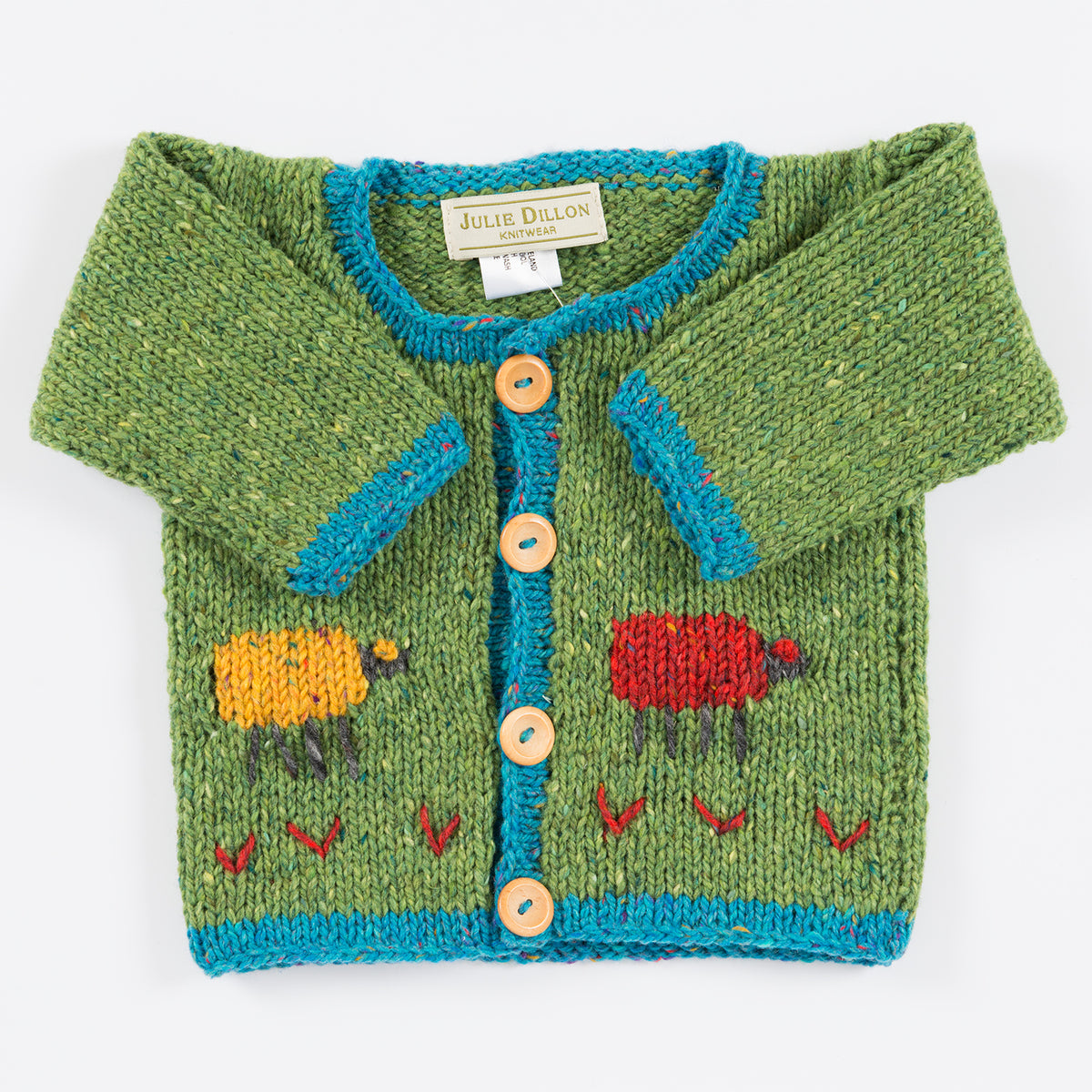 Handknitted Baby Cardigan - Green with Rainbow Sheep motif