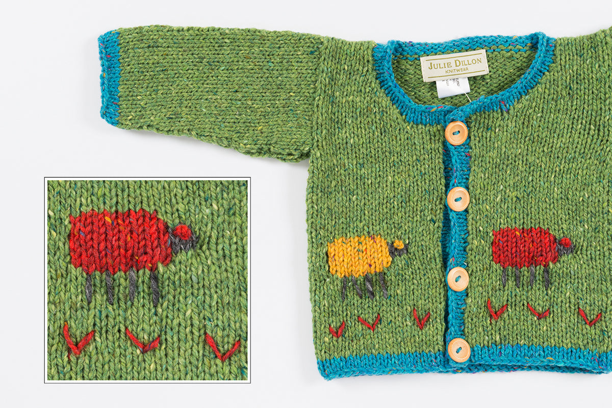 Handknitted Baby Cardigan - Green with Rainbow Sheep motif