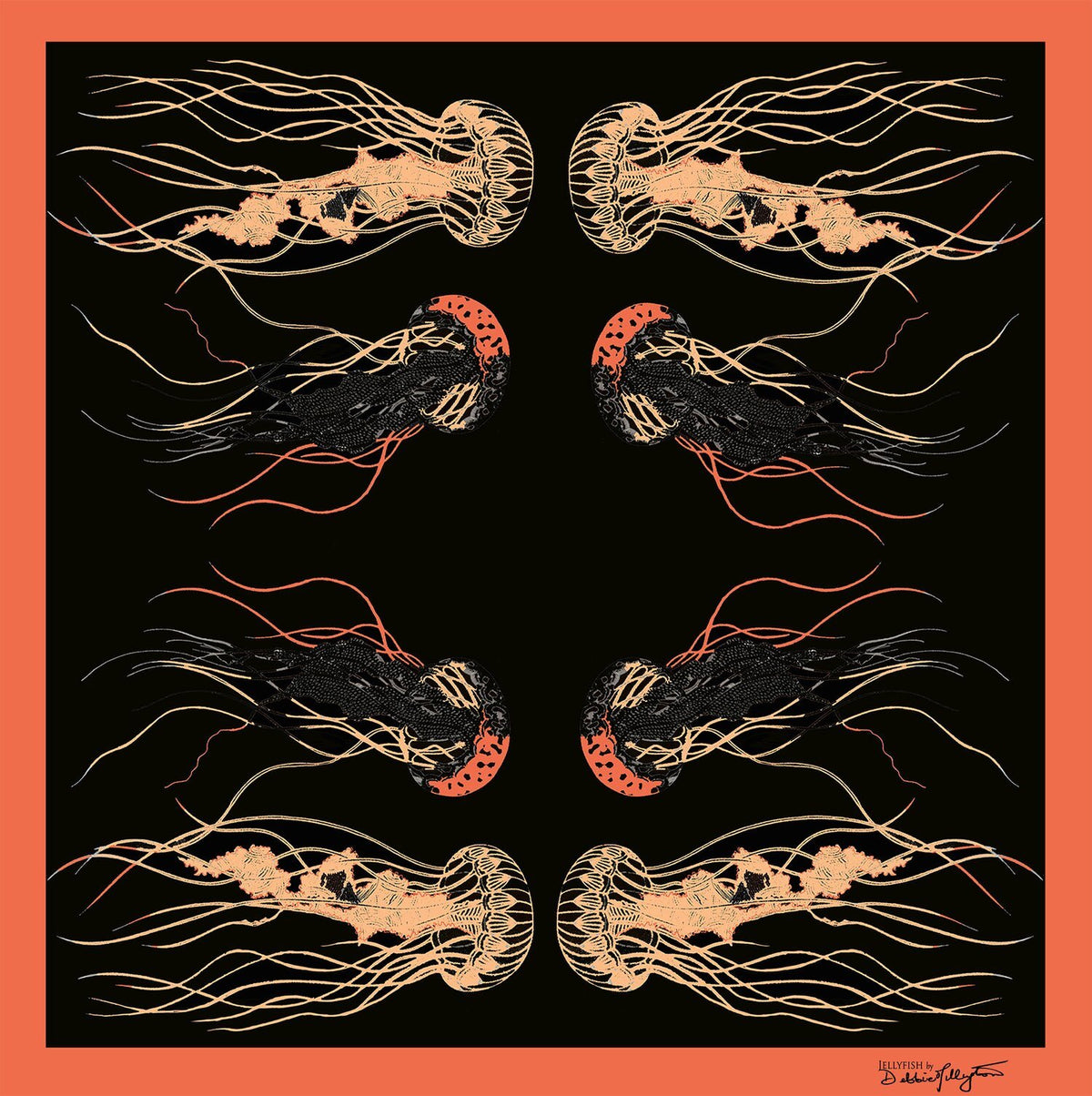 Jellyfish Black/Orange Silk Scarf by Debbie Millington