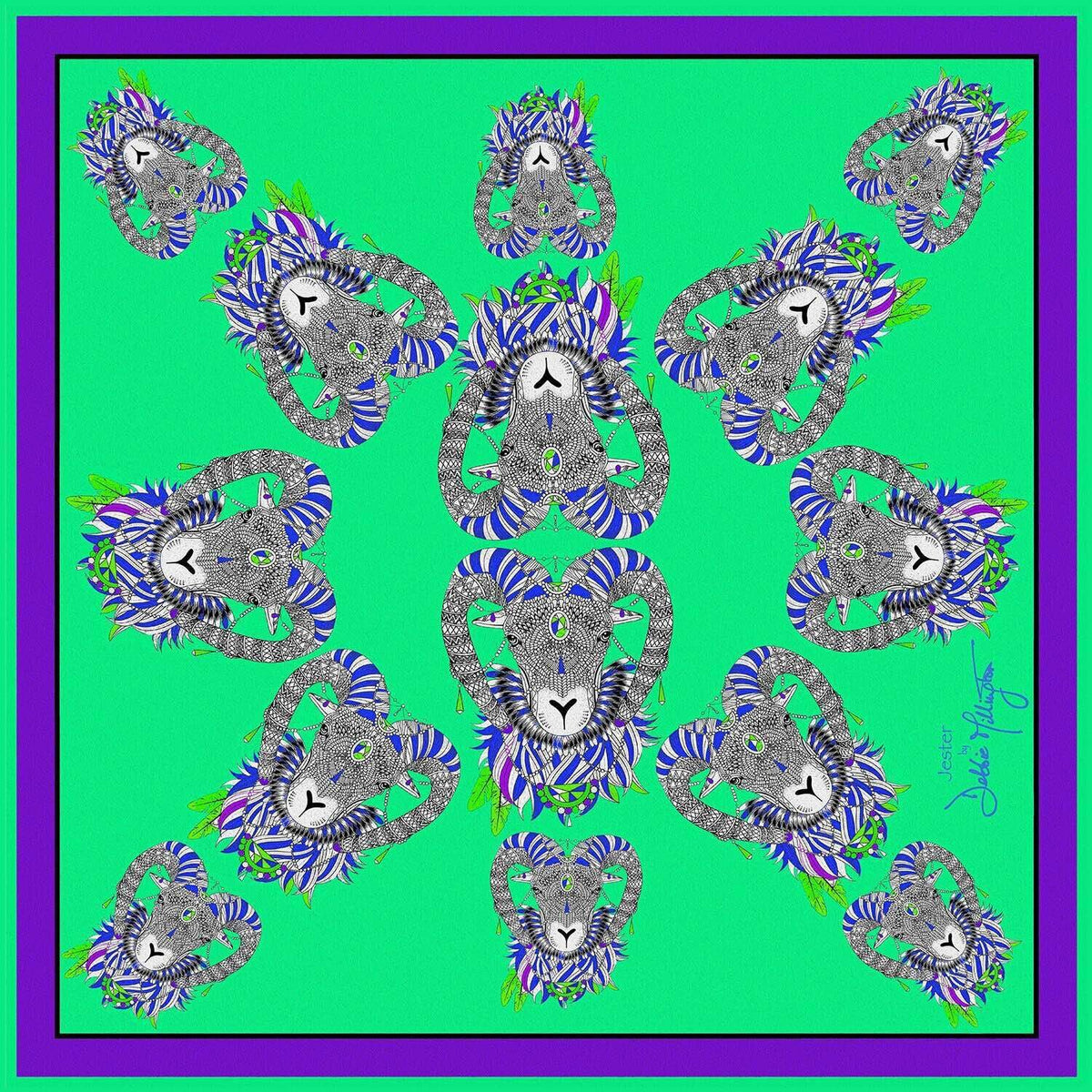 Jester Ram (Green/Purple) Silk Scarf by Debbie Millington