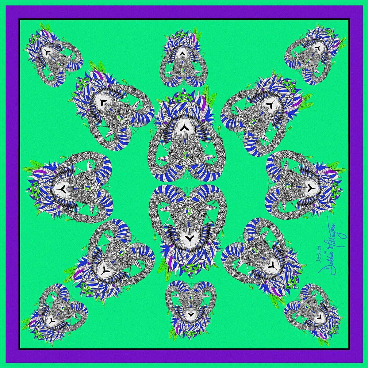 Jester Ram (Green/Purple) Silk Scarf by Debbie Millington