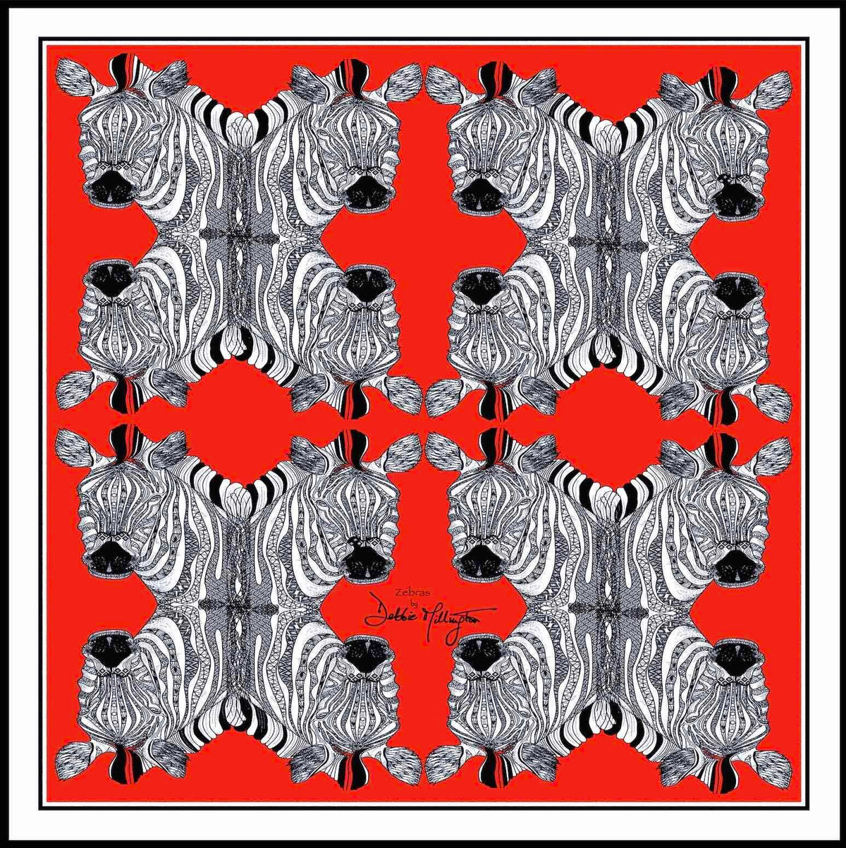 Zebras (Red) Silk Scarf by Debbie Millington