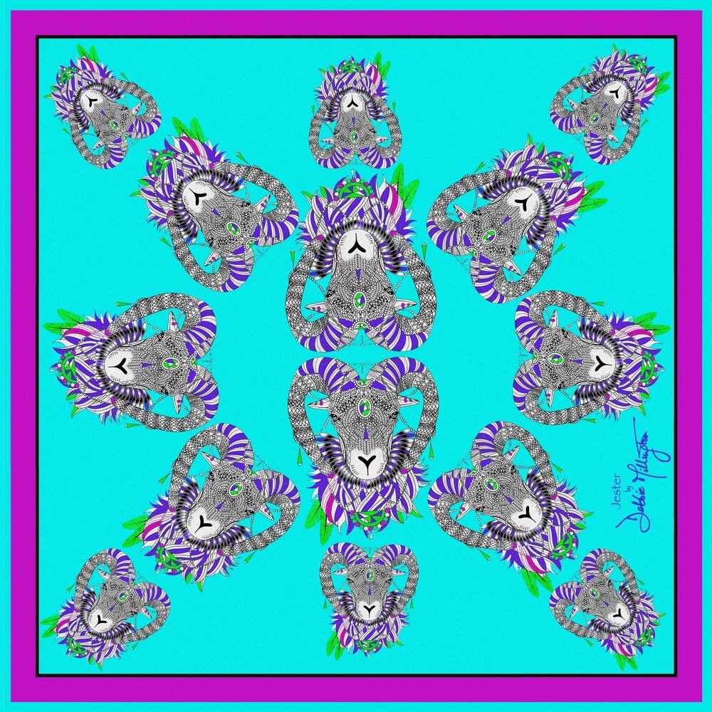 Jester Ram Turquoise Silk Scarf by Debbie Millington