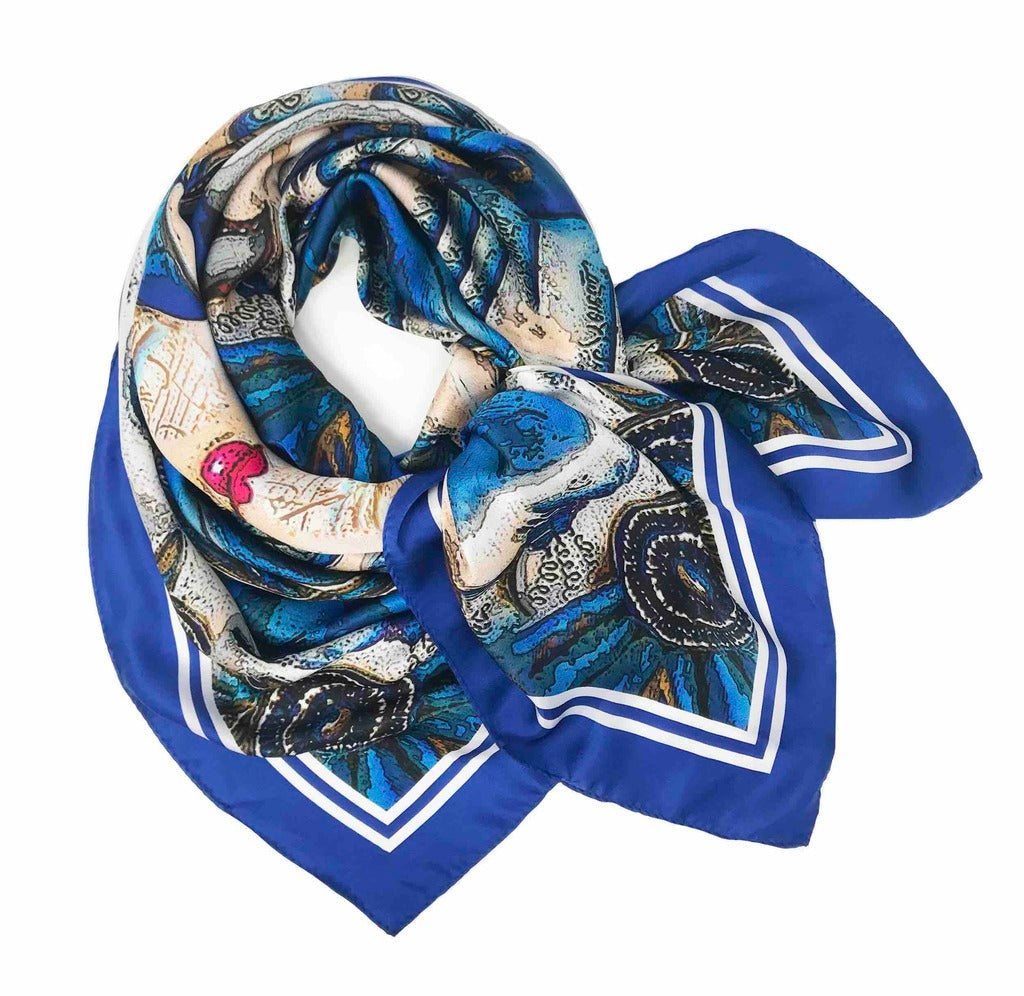 Venice Masks Blue Silk Scarf by Debbie Millington